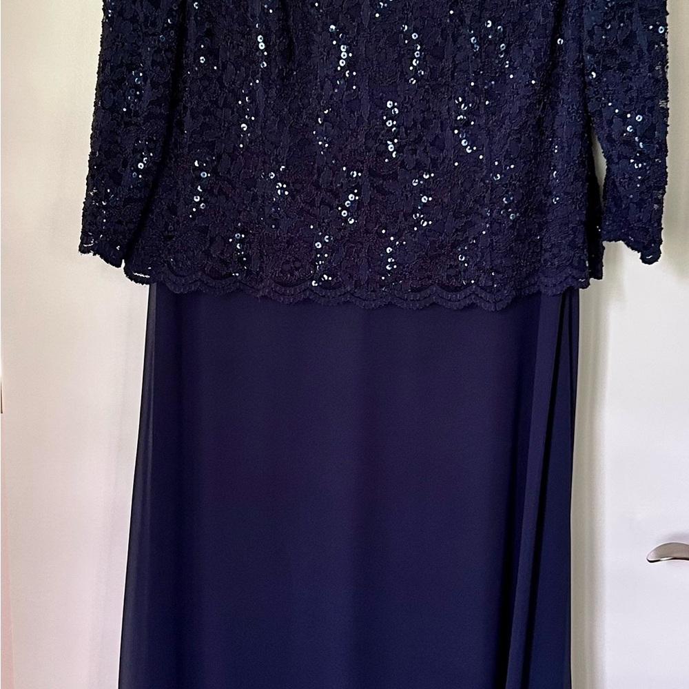 Alex Evenings Navy Sequin Lace Maxi Gown